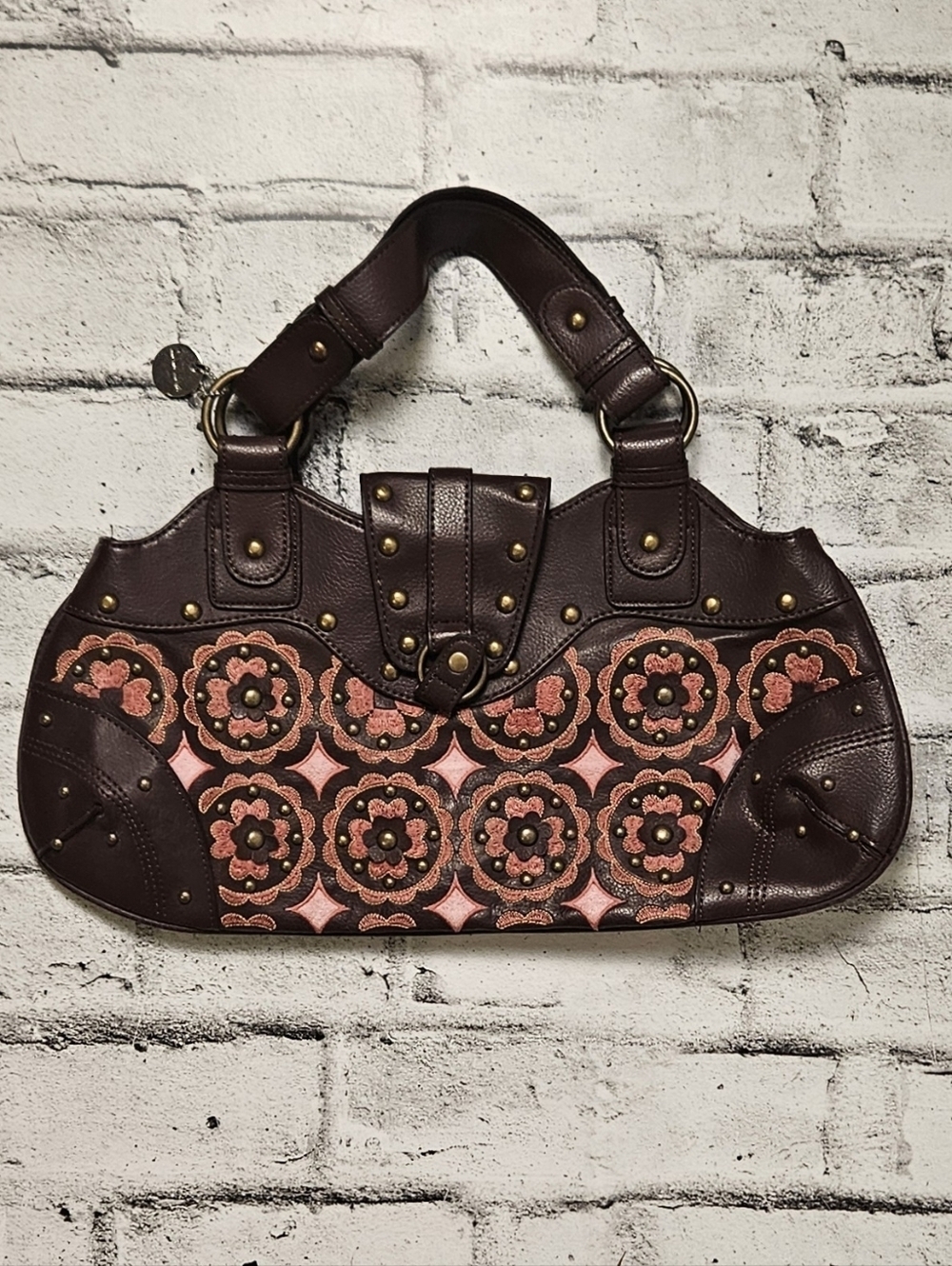 Lulu Guinness LuLu Embroidered Studded Shoulder Bag Floral Brown